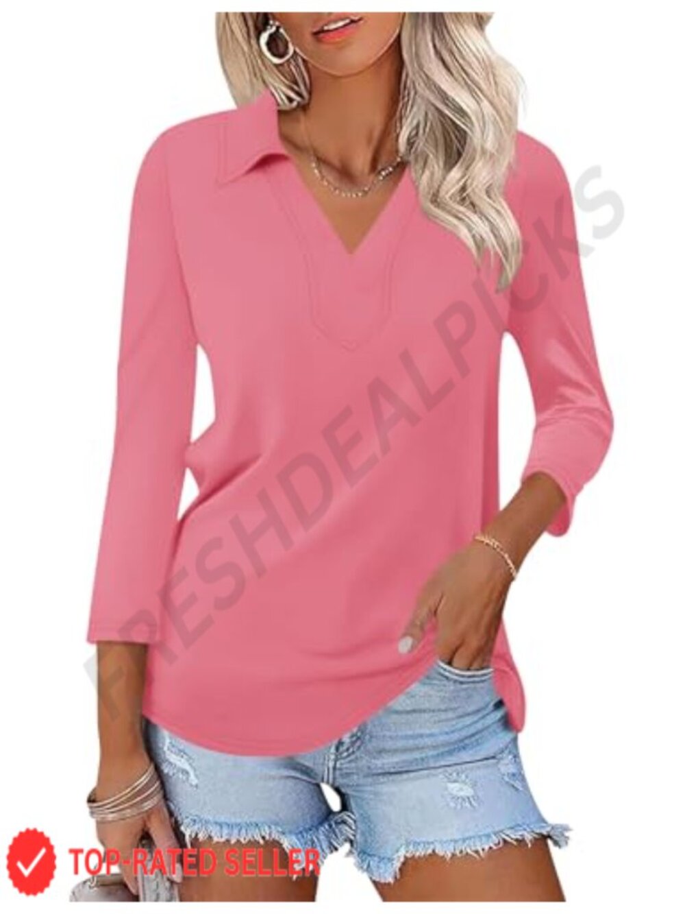 LOMON Womens 3/4 Sleeve Polo Shirt V Neck Collared Casual Top